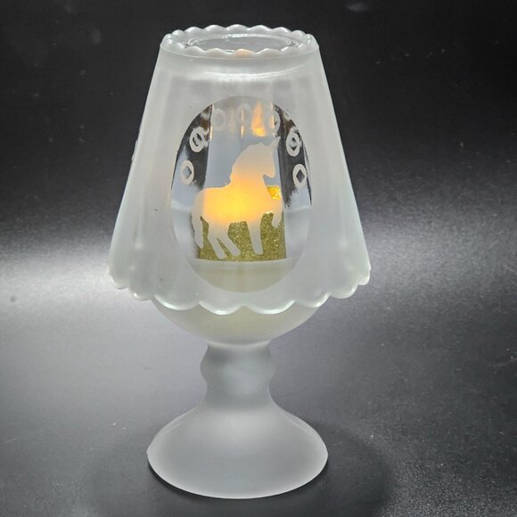 Frosted Glass Unicorn Candleholder 6" tealight votive holder whimsy patio lights - Picture 4 of 8